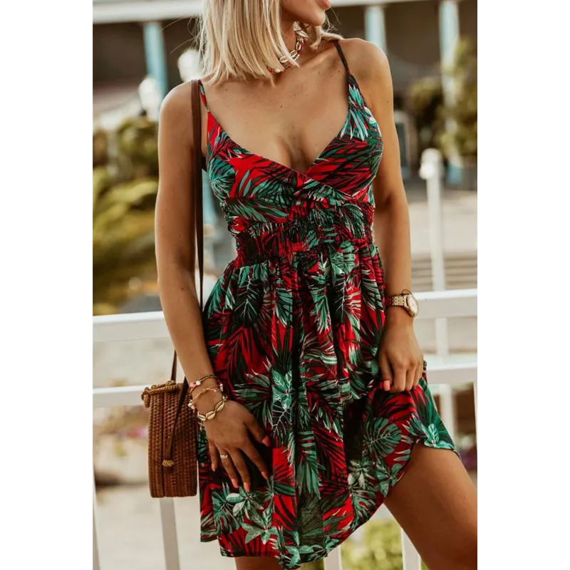 

Floral Print Slim Boho Dress Women Sexy Backless Staphetti Strap Mini Dresses Summer Deep V-Neck High Waist Short Dress 2022