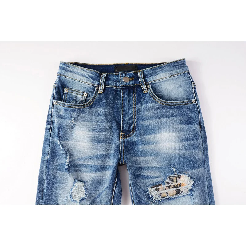 Men's Light Blue Distressed Slim Fit Streetwear Style Colorful Bandanna Patchwork Skinny Stretch Holes High Street Ripped Jeans