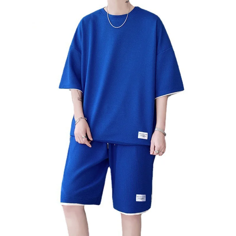 Summer Men Waffle 2 Sets Half Sleeve T-Shirt and Shorts Fashion Casual Sports Suit Fake Two Loose T Shirts High Street Clothes