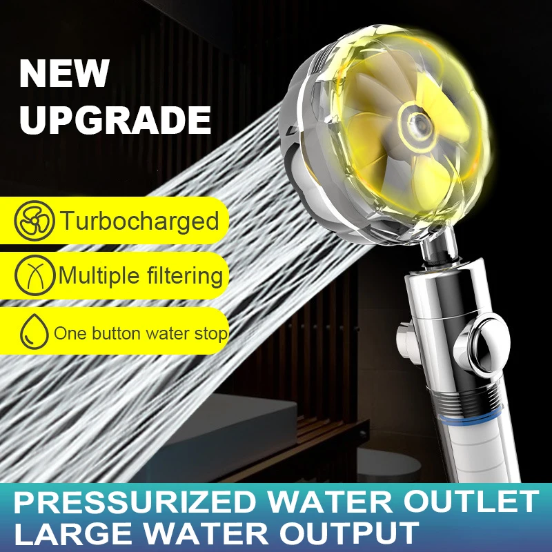 

High Preassure Shower Head Water Saving 360 Degrees Rotating Handheld Rain Showerhead with Filter Turbo Fan Bathroom Accessories