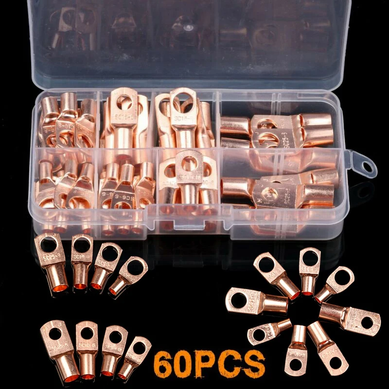 

60CPS Copper Ring Terminal Wire Crimp Connector Bare Cable Battery Terminals Soldered Connectors Kit Cable Accessories