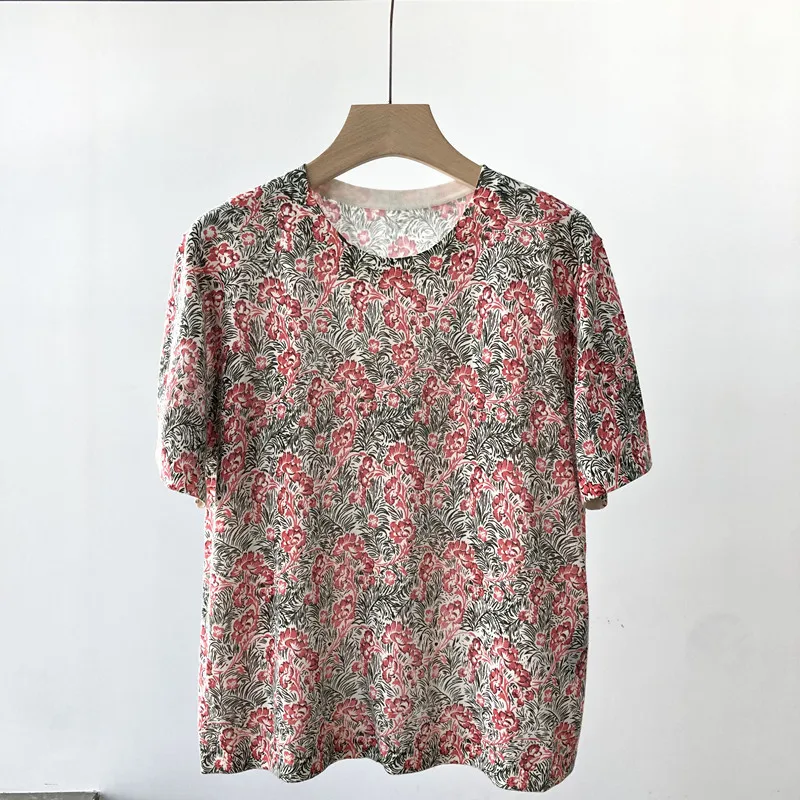 

Summer Casual Women's Retro Printed Comfortable Breathable Top Loose Short Sleeved Round Neck Cashmere Knitted Pullover