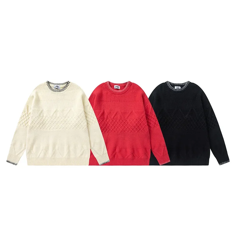 American Style Vintage Color Blocking Round Neck Pullover Knitted Top Casual Loose Fit Men's Autumn Sweater Situational Design S