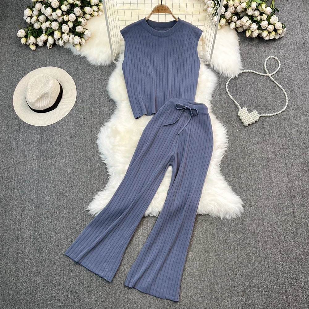 

Модный комплект, винтажный стиль, топ с круглым вырезом, из двух предметов, повседневные Прямые вязаные брюки с высокой талией