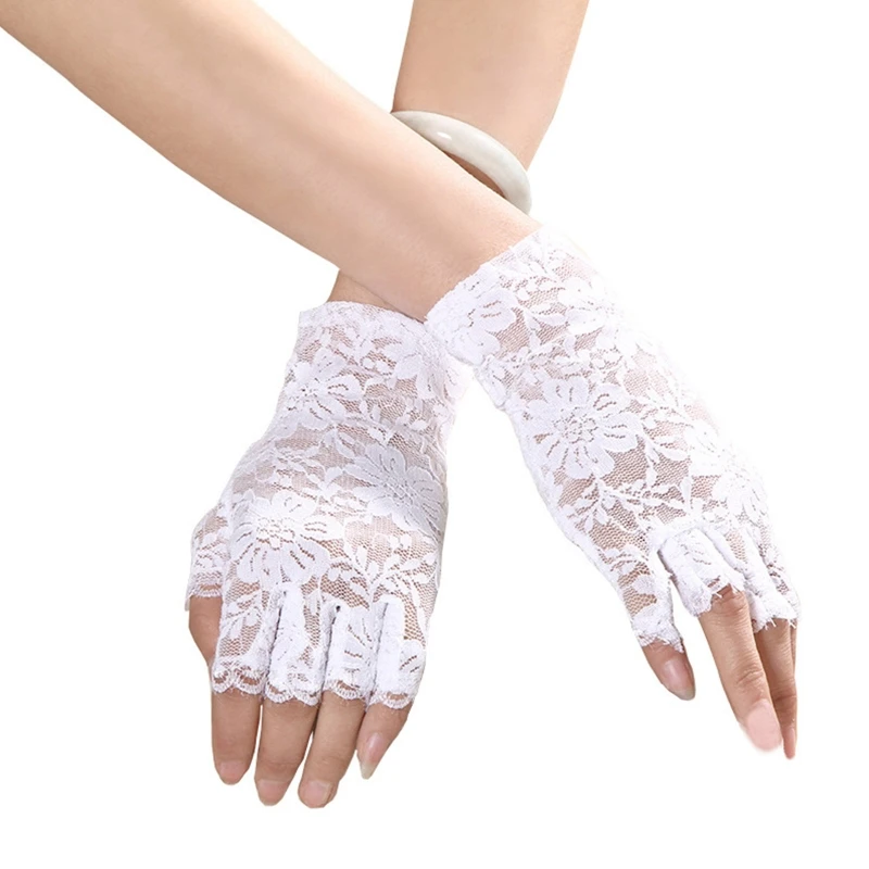 

Short Lace Gloves Wedding Party Bride Mittens Sheer Mesh with Floral Decor Fingerless Gloves Outdoor Cycling Costume