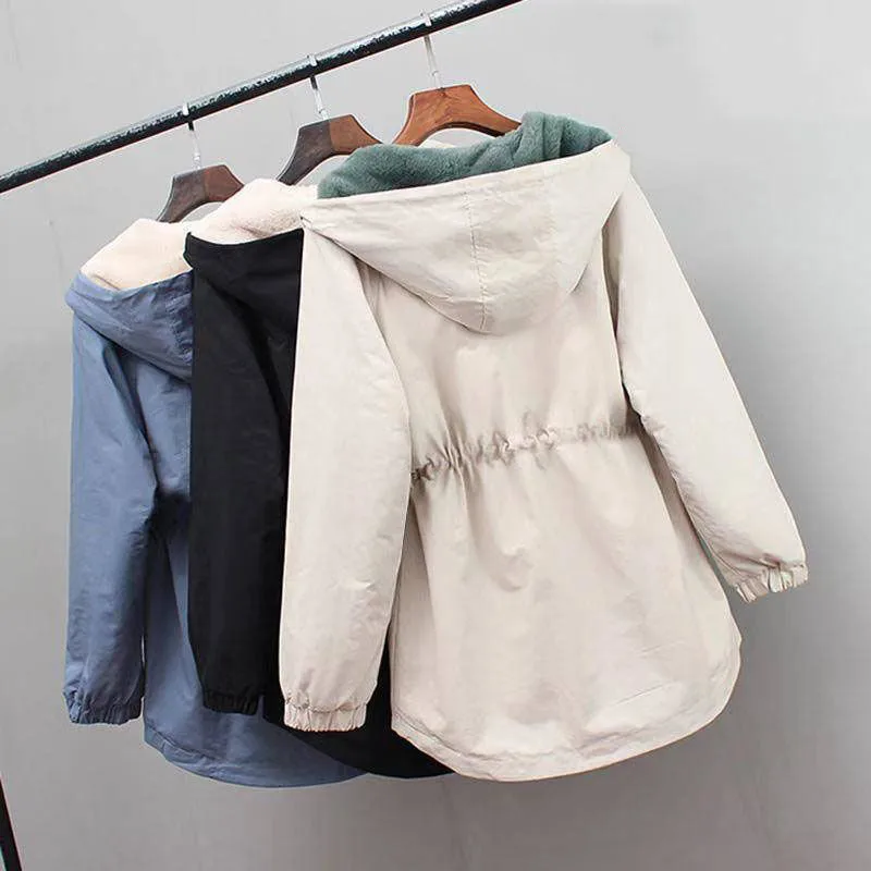 2023 New Winter Add Velvet Jacket Women's Korean Loose Hooded Windbreaker Female Student Long-sleeved Thick Warm Coat 3XL