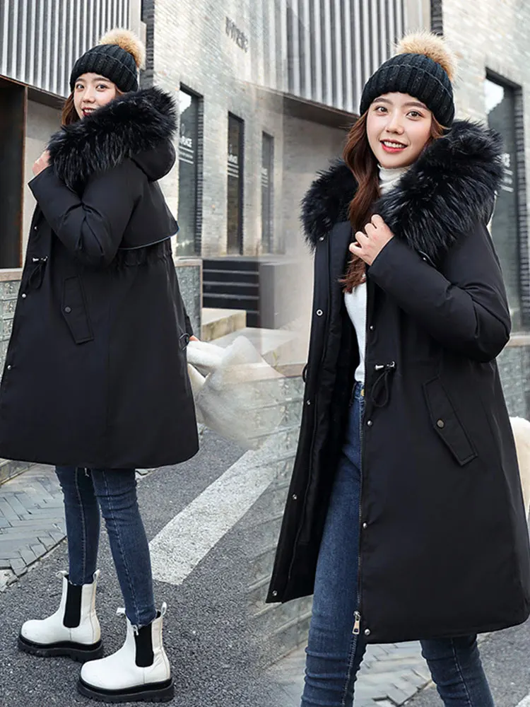 Long Plus Fleece Hooded Parkas Women 2022 Winter New Fashion Loose Long Sleeve Belt Thick Warmth Down Cotton Coat Feminina Parka
