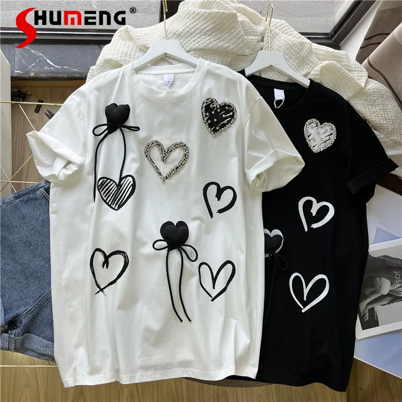 

Love Rhinestone Short Sleeve Mid-length T-shirt Top Woman 2022 Summer New Casual Oversize Thin Short Sleeve Tee Women Streetwear