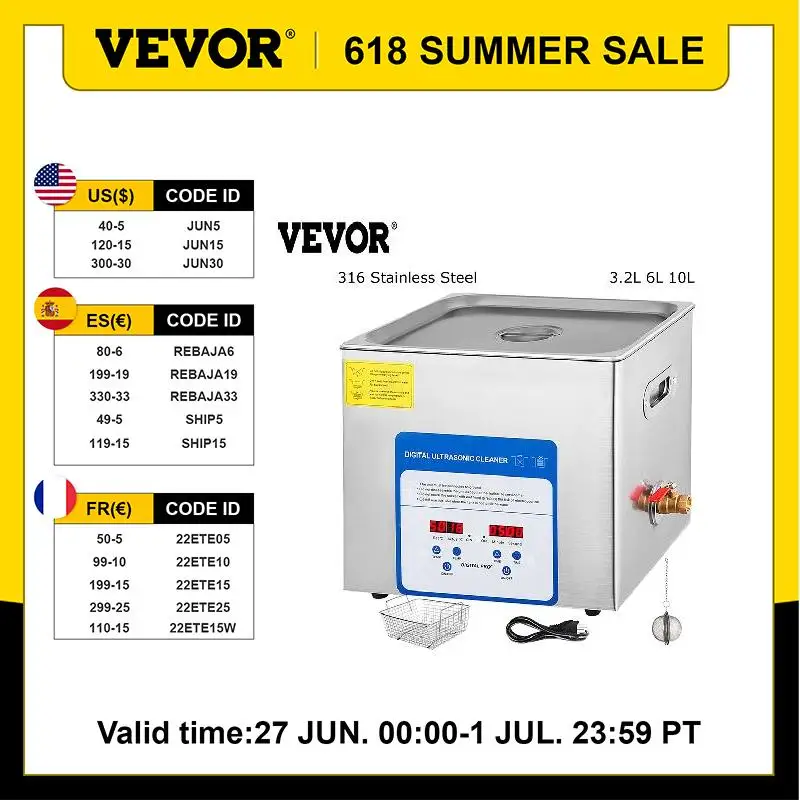 

VEVOR 3.2L 6L 10L Ultrasonic Cleaner Mini Portable Washing Machine 316 Stainless Steel Dishwasher Ultrasound Bath Contact Lenses