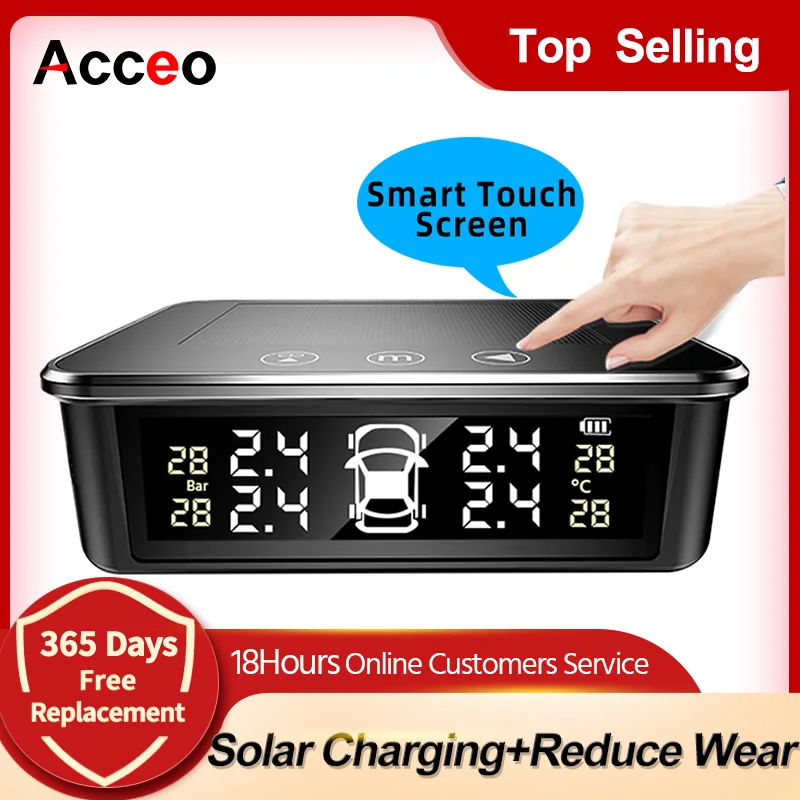 

Acceo K13 Auto Tire Pressure Monitoring Solar TPMS Tyre Alarm System with Touch Switch LCD Display Smart Car Temperature Warning