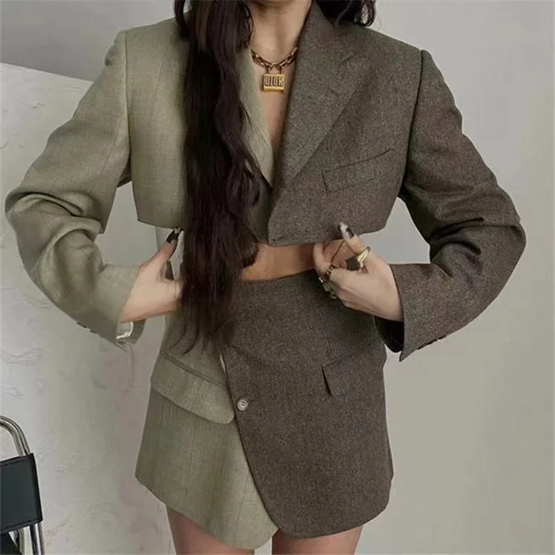 Za Sexy One Button Women Short Blazer Cropped High Waist Irregular Cross Slit Mini Skirt Brown Long Sleeve Suits 2 Pieces Sets