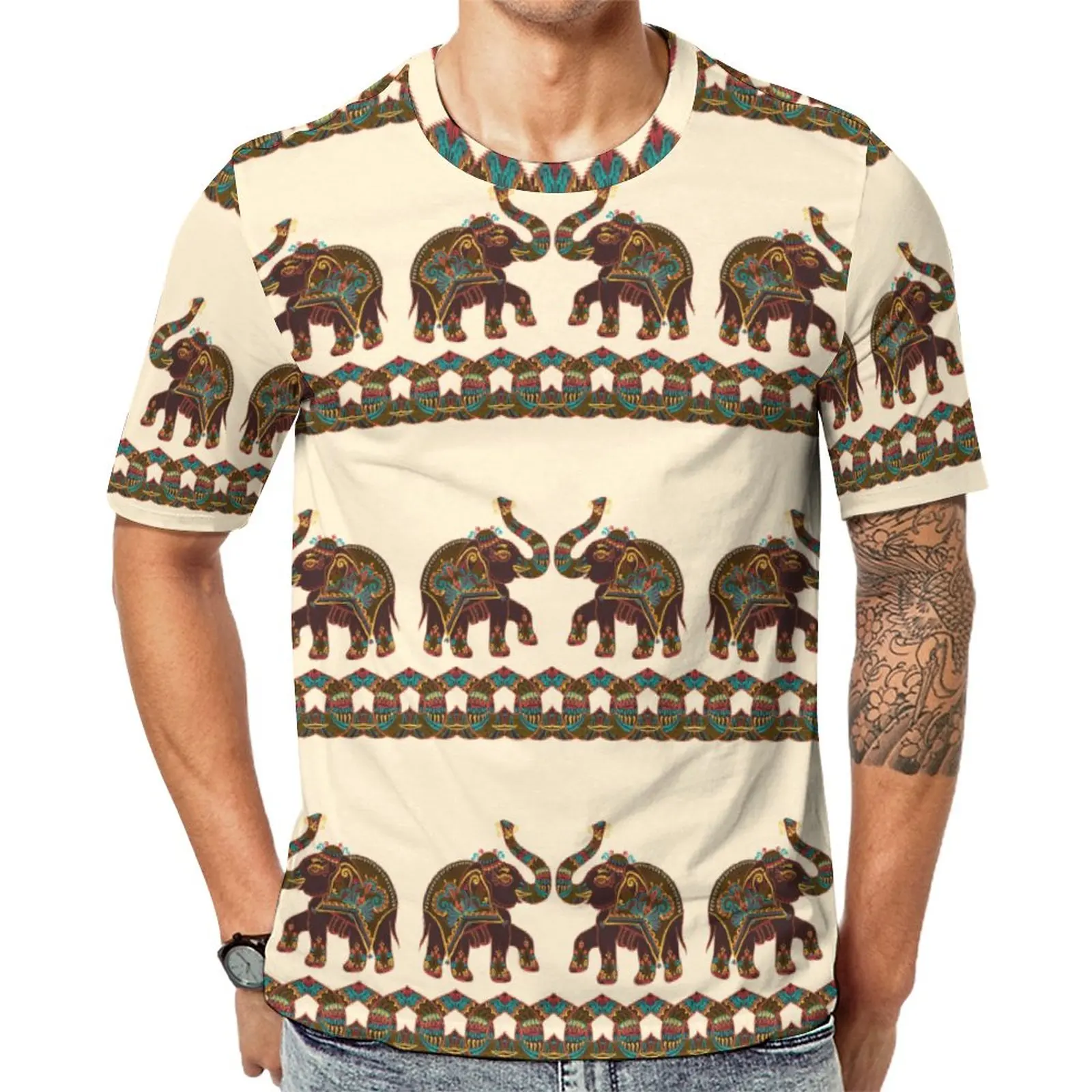 

Футболка с изображением индийского слона, яркие футболки с цветочным принтом, футболки премиум-класса в стиле ретро, повседневные топы овер...