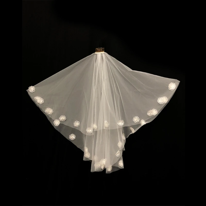 2-слойная фата с гребешком и кружевными цветами. Прозрачный тюль 100 см/39 дюймов