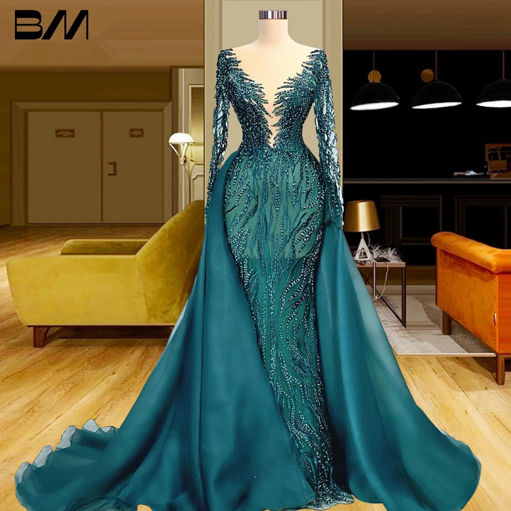 

Lace Sequined Illusion Evening Dresses Custom Made with Overskirts Party Dresses Hunter Green Luxurious Prom Gowns