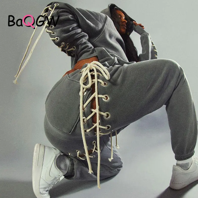 

BaQGW Bandage 2 Piece Set Casual Sporty Pocket Hooded Pullover+Harem Pants Warm Matching Sets Streetwear Autum Winter Outfits