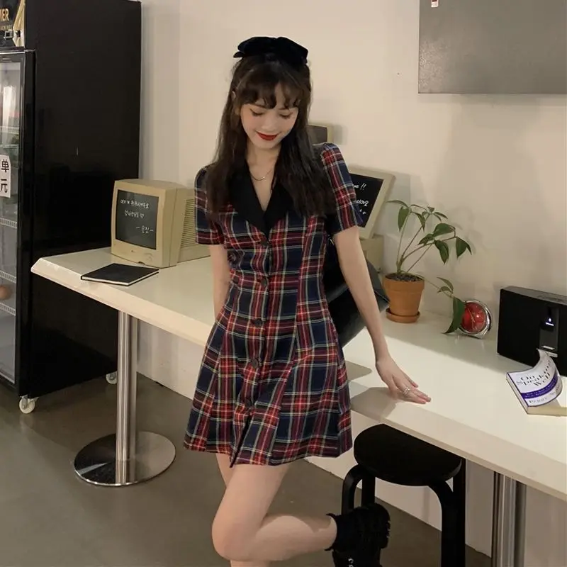 

Женское винтажное платье с коротким рукавом, клетчатое элегантное платье в стиле преппи, корейская мода, уличная одежда, лето 2022