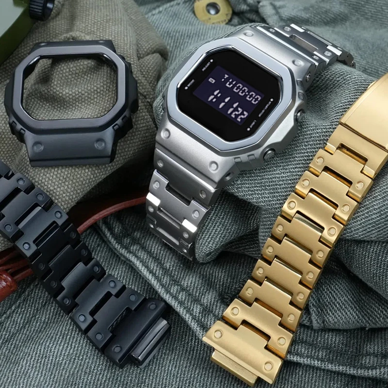 Фото Корпус с ремешком из нержавеющей стали, комплект модификаций для Casio G-SHOCK GW-M5610/B5600 GM-5600 DW5600, однотонные металлические маленькие квадратные модифицированные аксессуары №2