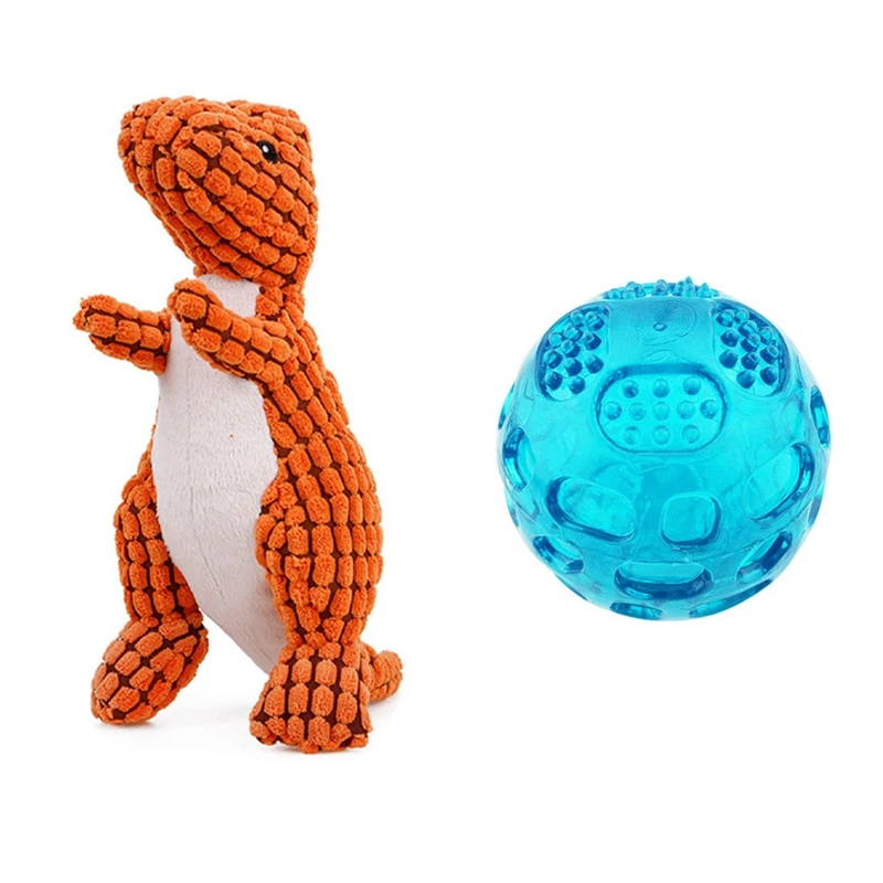 

2 Pcs Pet Toy: Orange Pet Dog Plush Puzzle Dinosaur Squeaking Dog Toy & Pet Puppy Dog Squeaky Fetch Ball Toys