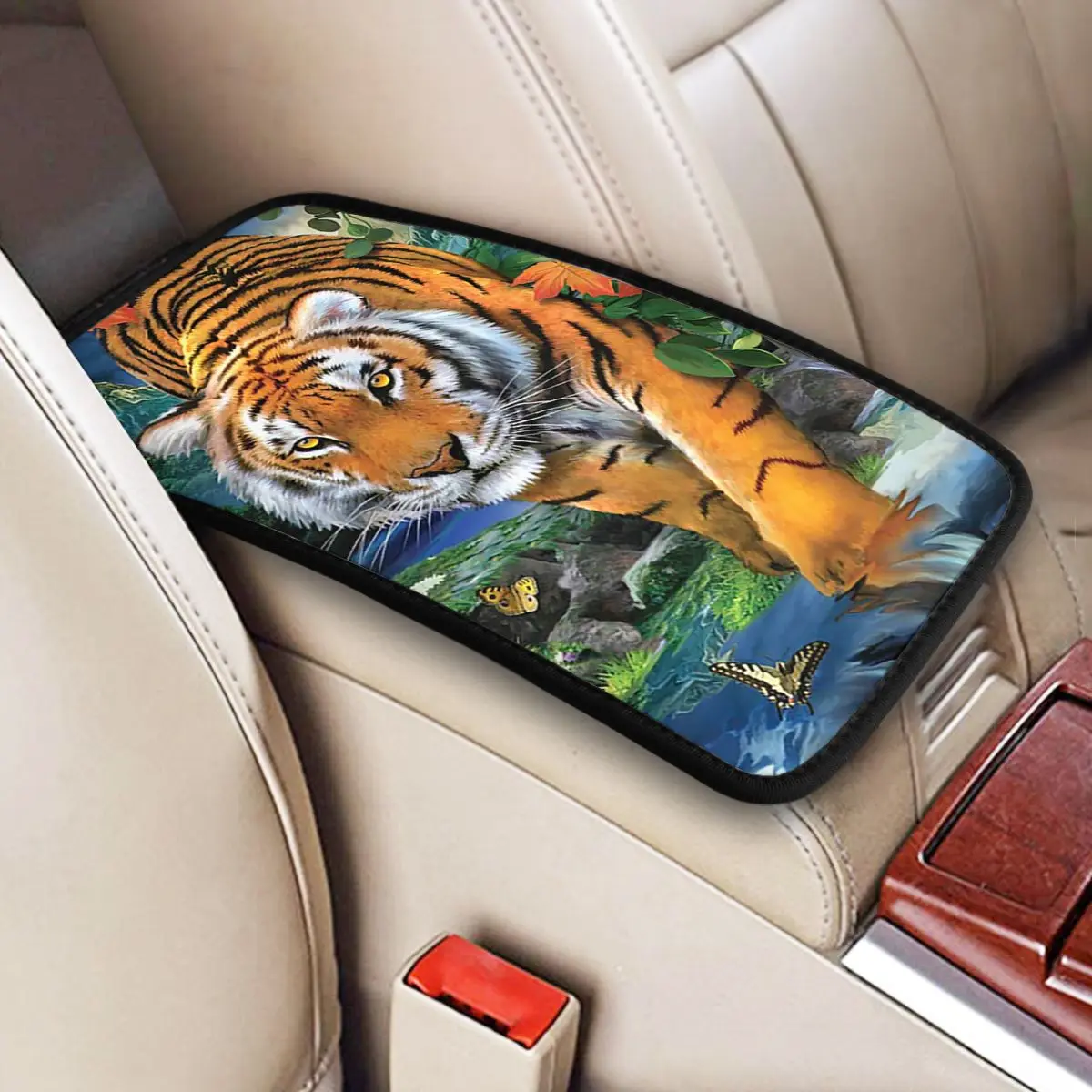 

Forest Tiger Center Console Cover Pad for Cars Mandala Bohemian Animal Car Accessories Armrest Cover Mat Leather