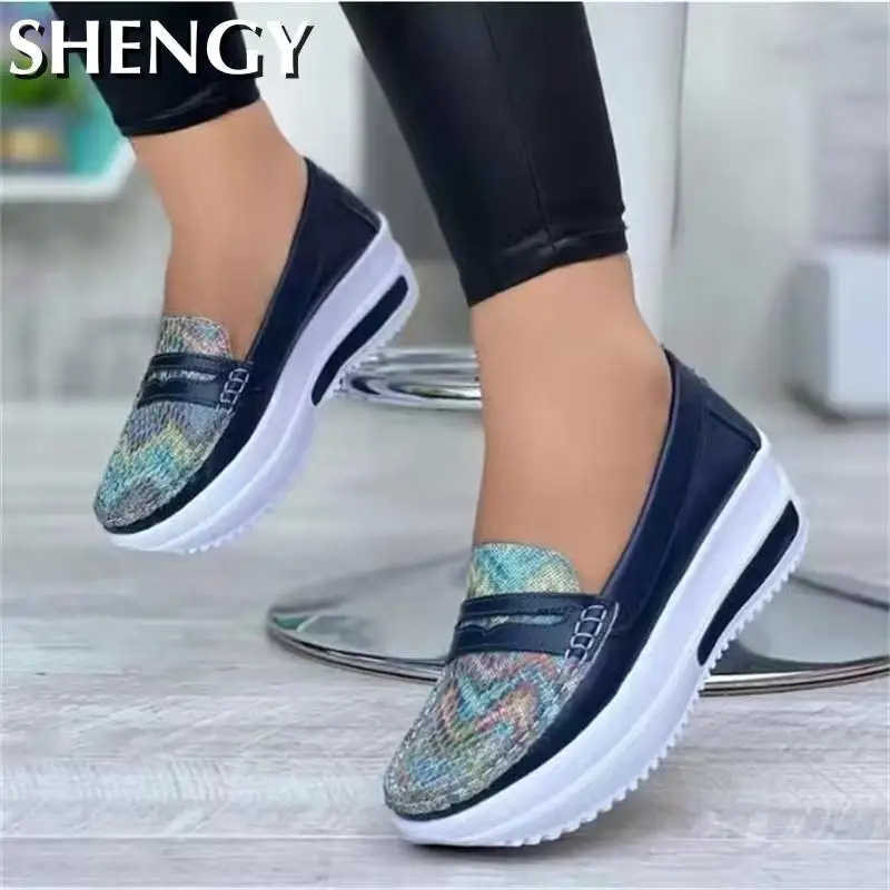 

Женские кроссовки на плоской платформе, мягкие удобные кроссовки с круглым носком, с блестками, Повседневная прогулочная обувь, весна 2022