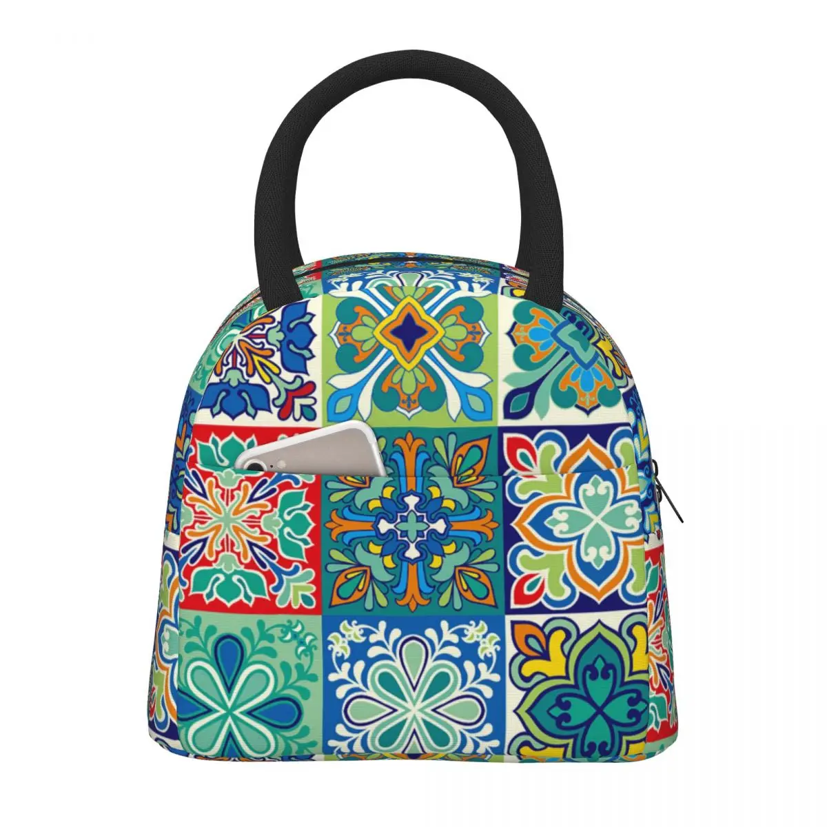 

Mediterranean Floral Lunch Bag Portable Insulated Canvas Cooler Thermal Cold Food Picnic Lunch Box for Women Children