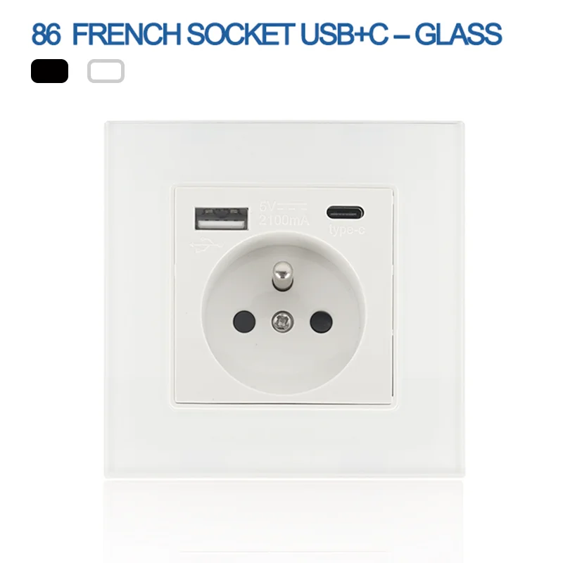 

FR Standard With USB TYPE C Port Power Socket 16A Electrical Outlet 86mm*86mm White/Black Crystal Glass Panel Wall Socket