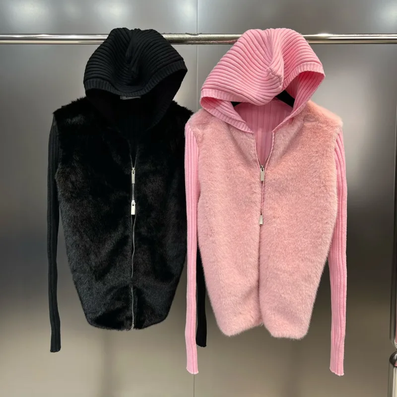 

PREPOMP 2023 зимняя новая коллекция на молнии с капюшоном из искусственного меха в стиле пэчворк вязаный свитер пальто для женщин GM304