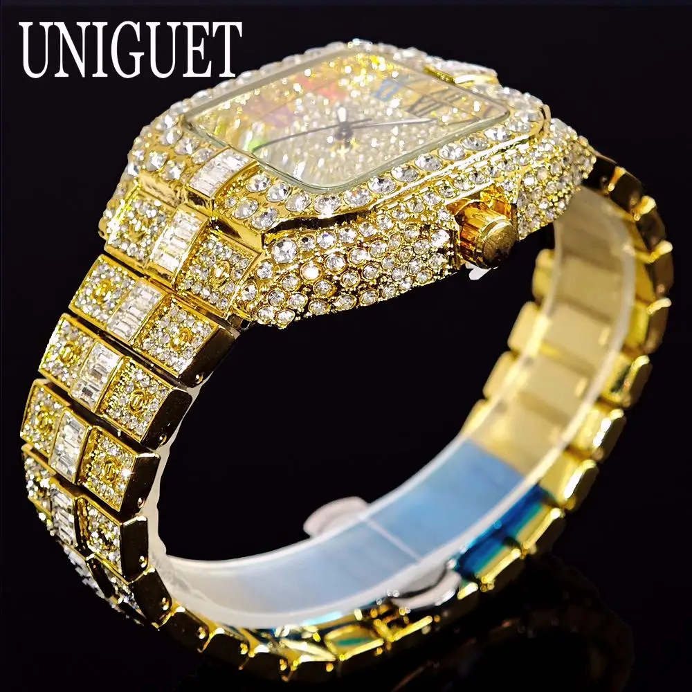 Фото UNIGUET Роскошные ледяные часы для мужчин, модные цветные римские литературные квадратные часы, мужские ювелирные часы в стиле хип-хоп с бриллиантами, наручные часы Reloj №3