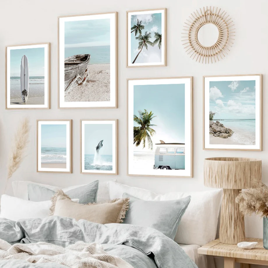 

Scandinavian Beach Dolphin Surfboard Palm Tree Sea Nordic Wall Art Canvas Painting Posters Prints Pictures For Living Room Decor