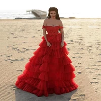 red princess evening dress gowns tiered with beads puffy tulle long prom party sweetheart sexy backless custom made vestidos