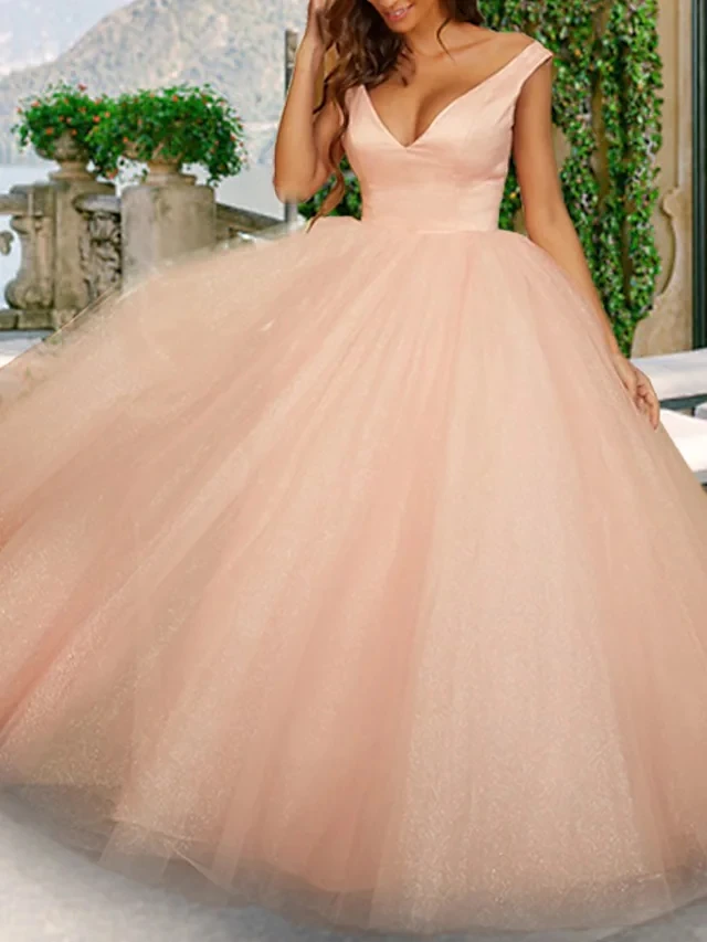 

Элегантное кружевное розовое свадебное платье принцессы с V-образным вырезом длиной до пола из тюля без рукавов Формальное простое свадебн...