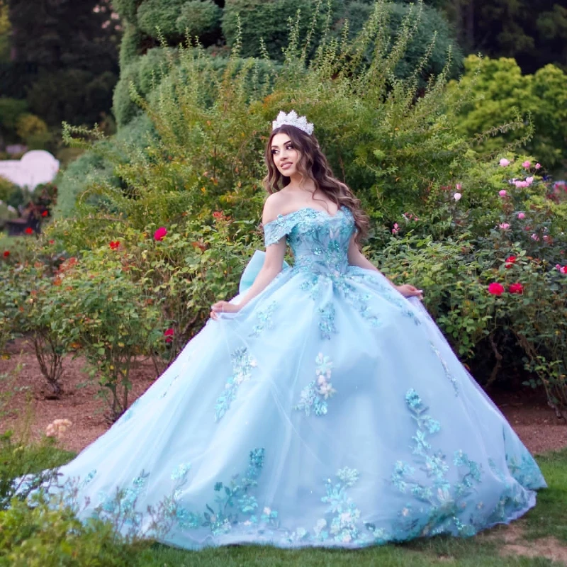 

Sky Blue Floral Appliqued Quinceanera Dress 2023 Sweet 15 Dress Cocktail Vestidos De Baile Ball Gown Vestidos De 15 Quinceañera
