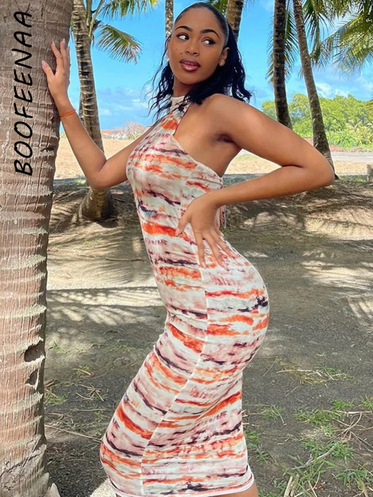 

BOOFEENAA Backless Halter Midi Bodycon Dress Sexy Vacation Outfits for Women 2022 Fashion Club Tie Dye Summer Dresses C70-BD19