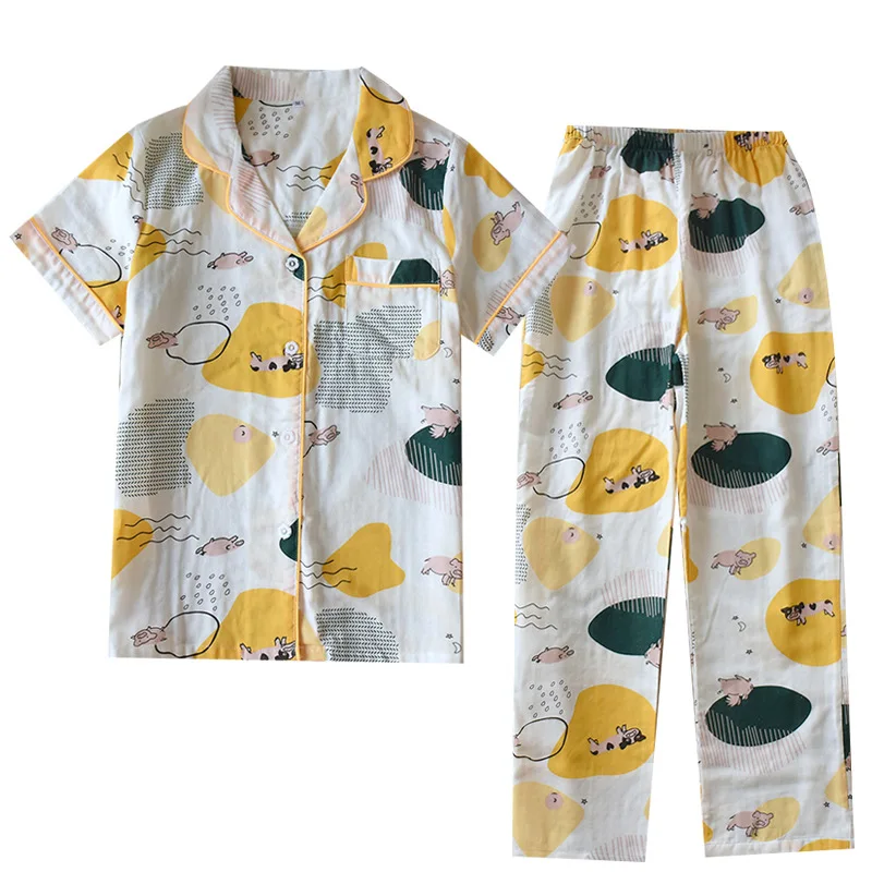 

Хлопковый летний домашний костюм с принтом, женские брюки с коротким рукавом, свободная пижама из двух частей, летняя повседневная женская ...