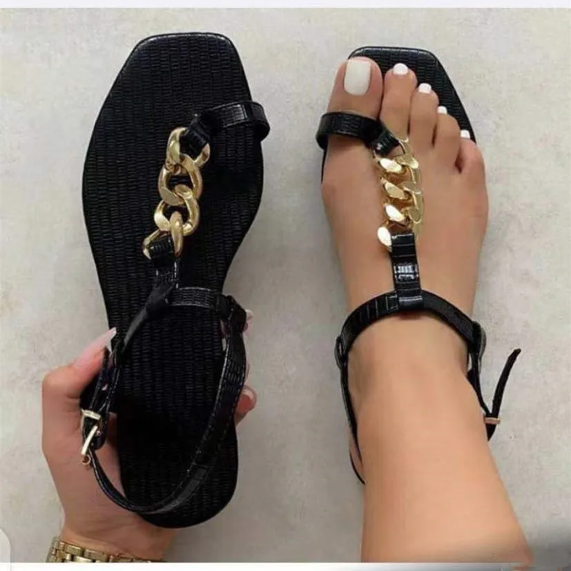 

2022 Summer New Women's Chain Flip Flops Thong Sandals Shoes Woman Casual Buckle Strap Flat Slip on Toe Clip Sandals Shoes Femme