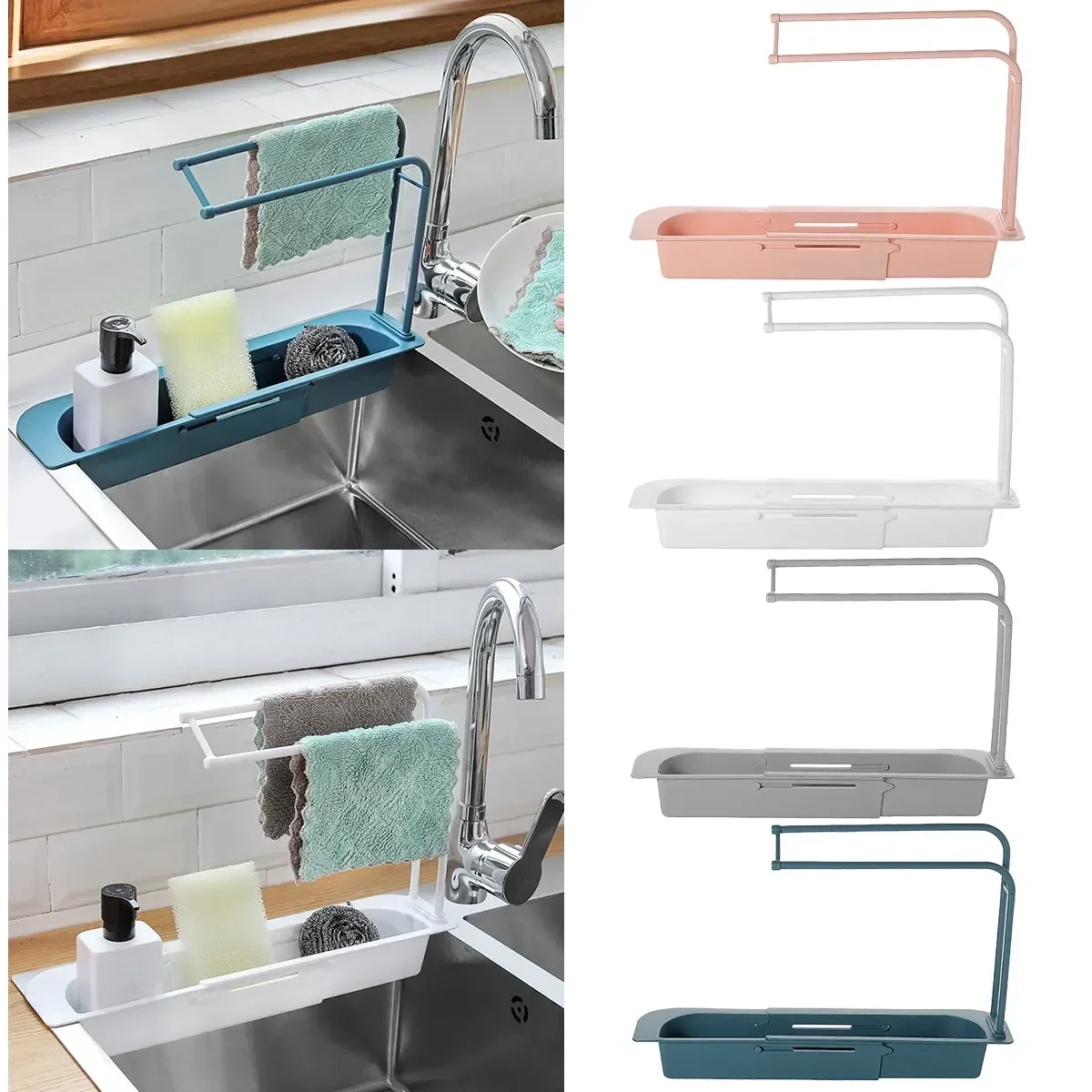 

Luxurious Adjustable Kitchen Sink Rack Storage Basket for Bathroom & Kitchen Sink Accessories, Sponge Dish Drainer