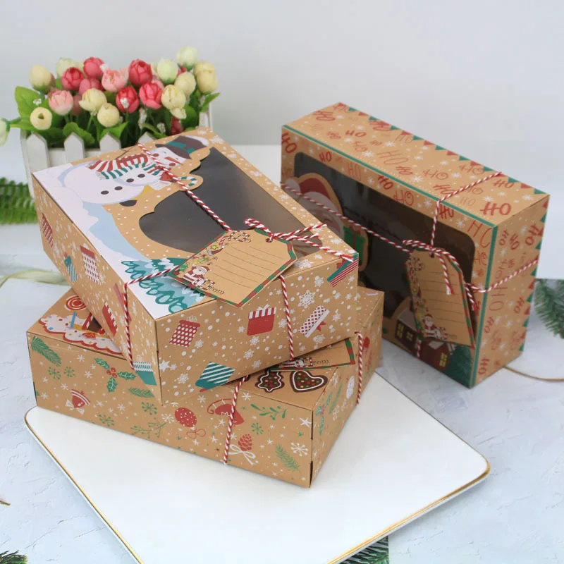 

12pcs/set Christmas Kraft Paper Cookie Box DIY Kraft Snowman Gingerbread Box with PVC Window Candy Cookie Baking Box