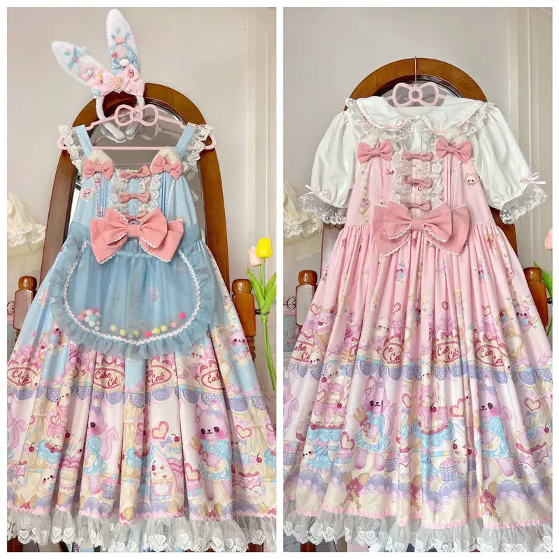 

[Кошка для выпечки] розовое милое платье с принтом "Лолита" Jsk ", милые летние платья на бретелях, милое винтажное мультяшное платье в стиле Ха...