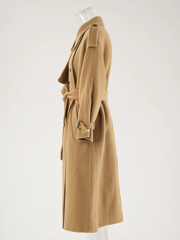 LGRQ модное женское шерстяное пальто цвета хаки с лацканами свободное двубортное