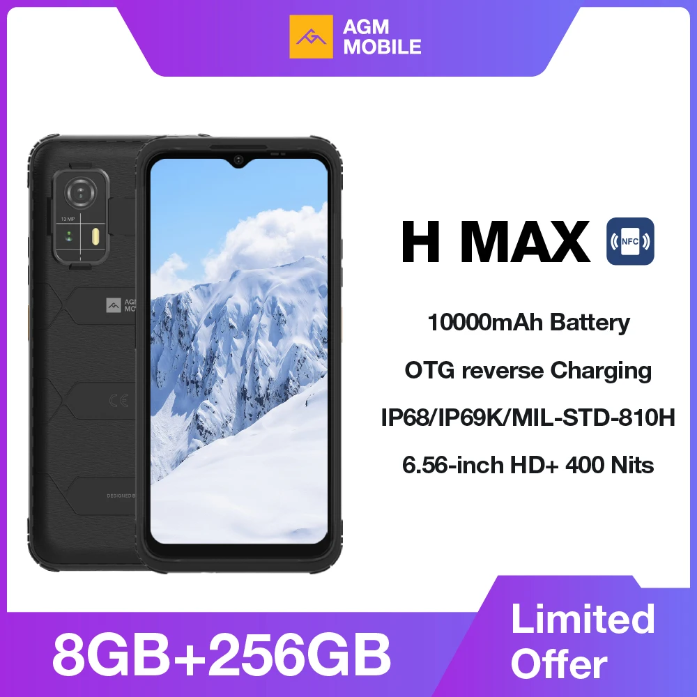 Фото Прочный смартфон AGM H MAX, 8 + 256 ГБ, аккумулятор 10000 мАч, HD + дисплей, 3 слота для карт, NFC OTG, водонепроницаемый обратный заряд №1