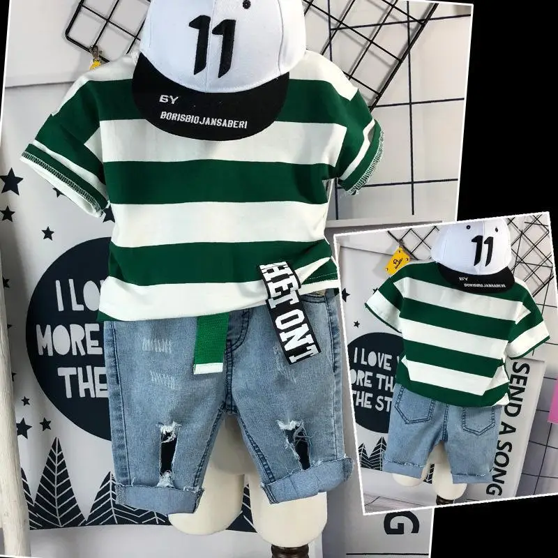 

2023 Baby Summer Stripe Clothes Set Top and Pants Denim Kids Clothes Boy T-shirt Jeans with Patches Crew Neck Top Tracksuits