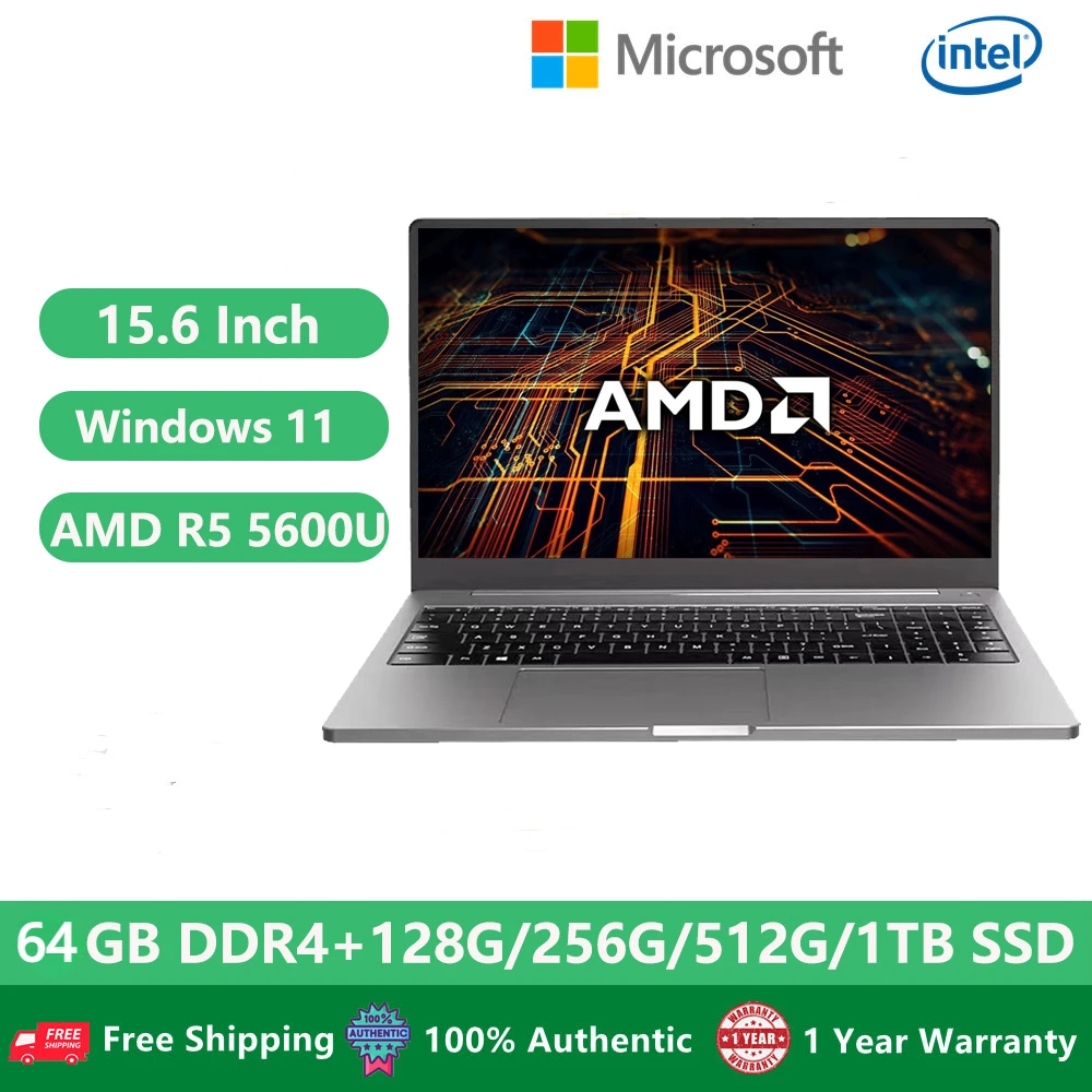 

Gaming AMD Laptops 180 Degree Notebooks Computer Office Windows 11 15.6 Inch Ryzen R5 5600U 64GB RAM Dual DDR4 Slots PD Charging