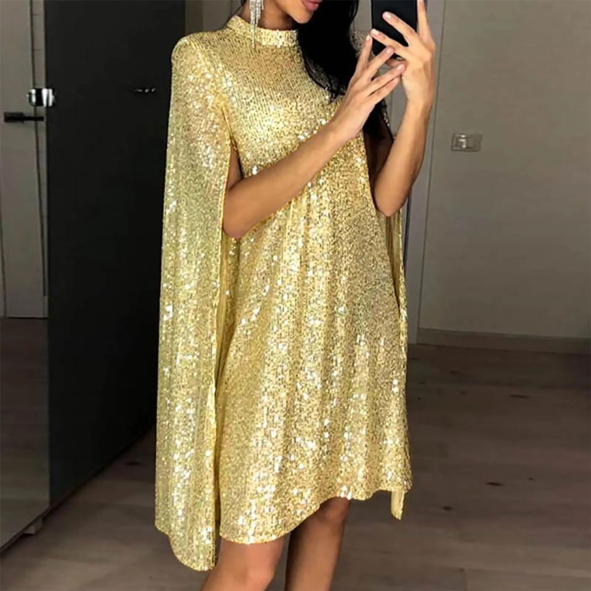 Women Fashion Sequins Short Dress Half High Collar Long Cape Sleeve Formal Party Evening Dress Bodycon  Dresses