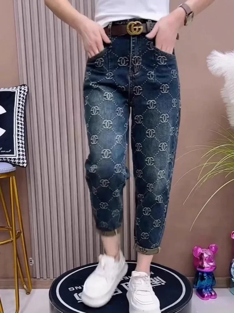 Жаккардовые джинсовые брюки-султанки новинка осень/зима эластичные свободные