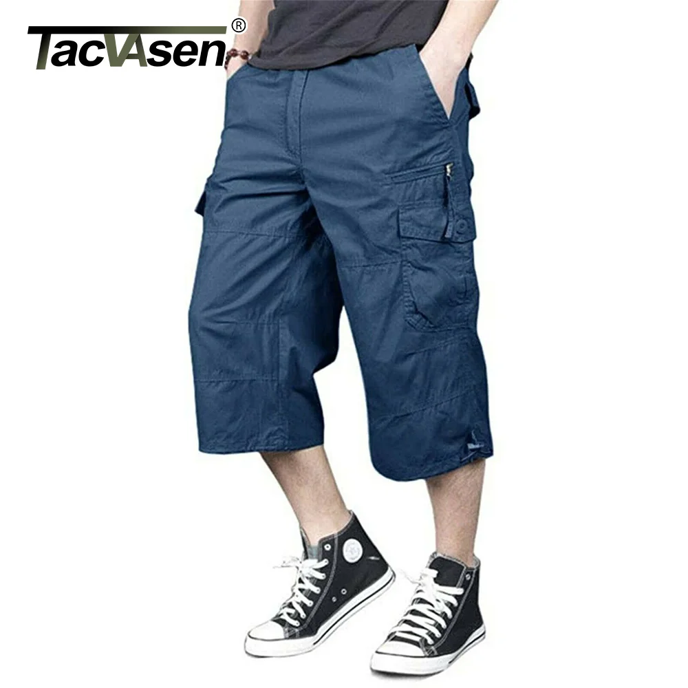 

TACVASEN Cotton Below Knee Length 3/4 Long Shorts Men's Tactical Capri Pants Multi Pocket Summer Twill Work Cargo Pants Man
