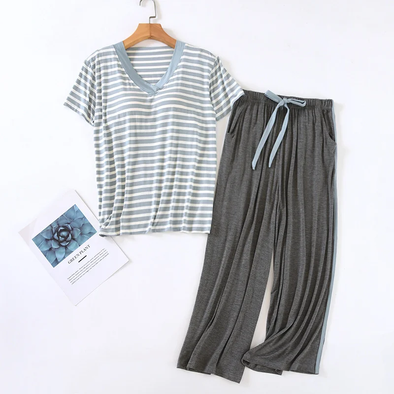 Bra Pajamas Set Short Sleeve T-shirt Pants 2Piece/Set Summer Sexy Stripe Pyjama Plus Size Sweet Homewear Calf-Length Sleepants