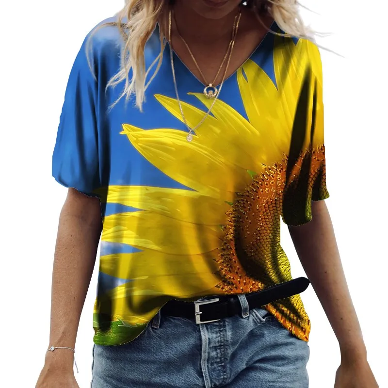 

Summer Women V-Neck Slim Short Sleeve Tops Temperament Commuter Floral Print Pullover Loose Fashion All-match Ladies T-shirt