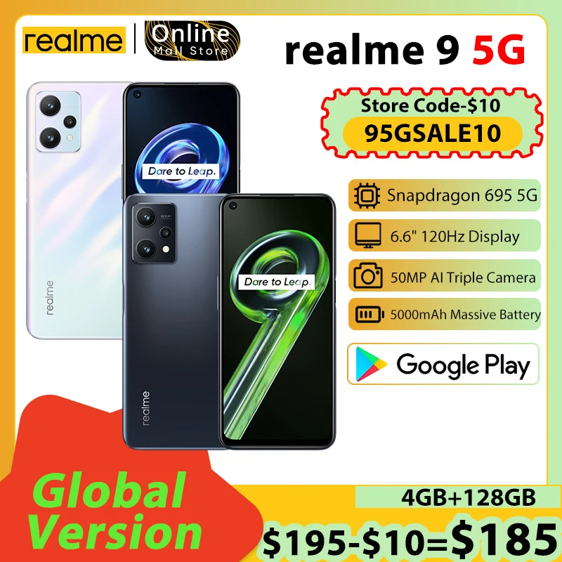 Global Version realme 9 5G Snapdragon 695 5G 120Hz Ultra Smooth Display 50MP AI Triple Camera 5000mAh Massive Battery Cellphone