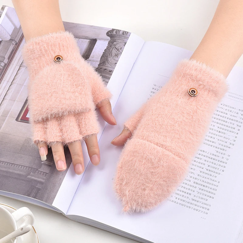 

Fluffy Plush Fingerless Flip Gloves Winter Women Soft Warm Half Finger Gloves Comfortable Thick Knitting Cycling Driving Mittens