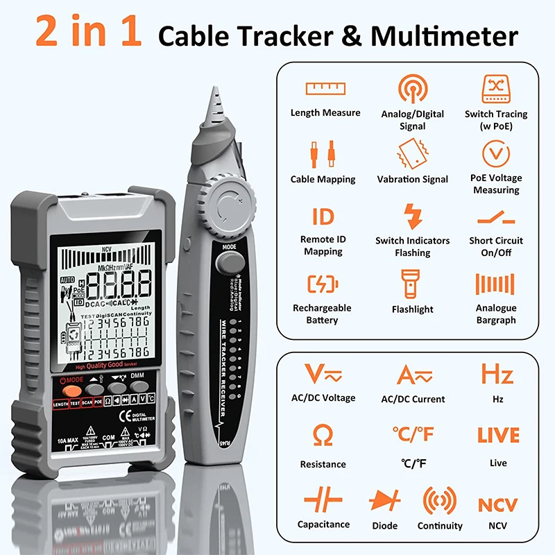

ET616/ET618/ET618PRO Network Cable Tester Multimeter LCD Display with Backlight Analogs Digital Search POE Test Cable Pairing